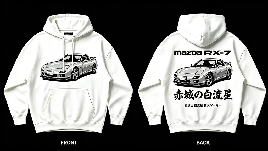🚗 Nagasaki White Comet | Mazda RX-7 Hoodie & Tee Collection