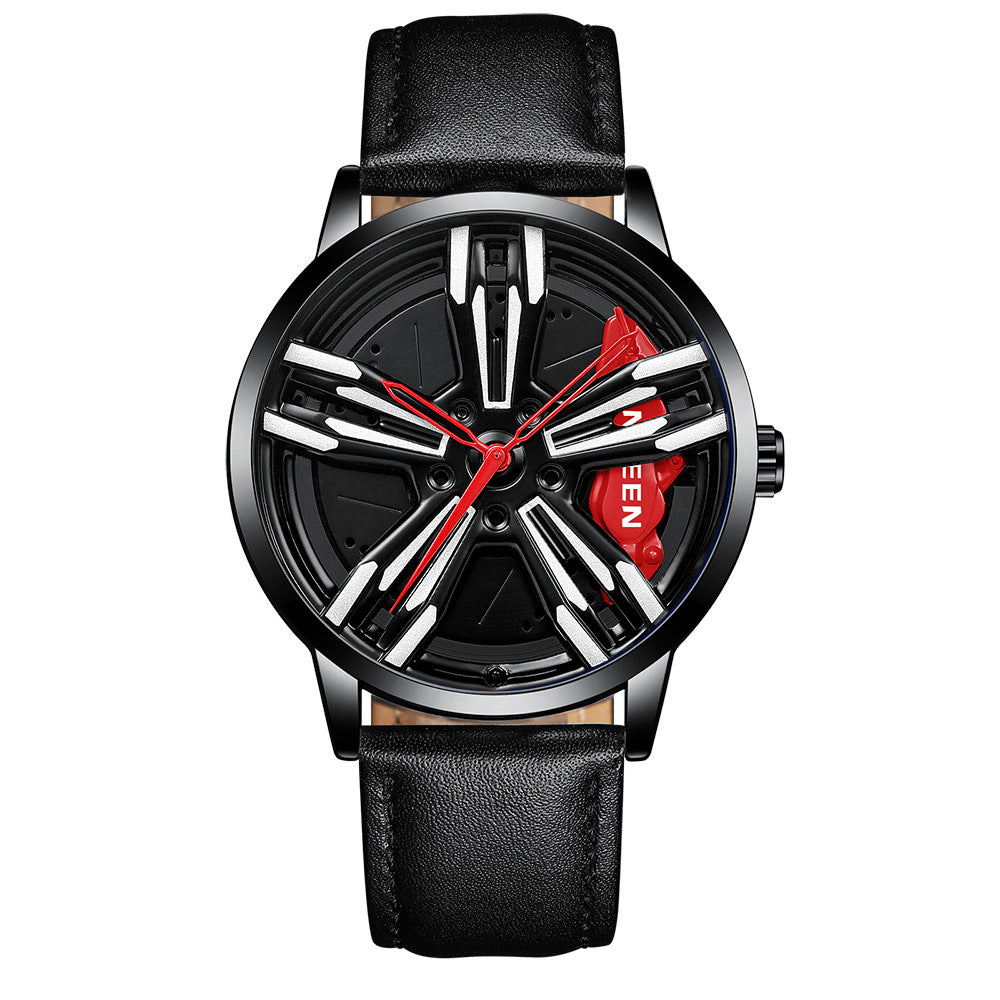 Car Rim Wheel Watch, JDM Tuning Car Enthusiast Wristwatch, Rotating Hub Dial, Black Stainless Steel Quartz Watch for Men
