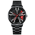 Car Rim Wheel Watch, JDM Tuning Car Enthusiast Wristwatch, Rotating Hub Dial, Black Stainless Steel Quartz Watch for Men