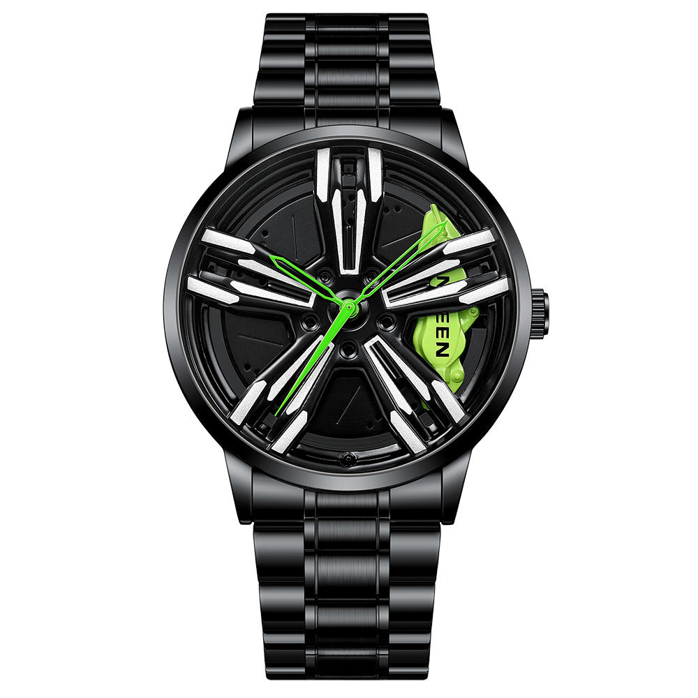 Car Rim Wheel Watch, JDM Tuning Car Enthusiast Wristwatch, Rotating Hub Dial, Black Stainless Steel Quartz Watch for Men