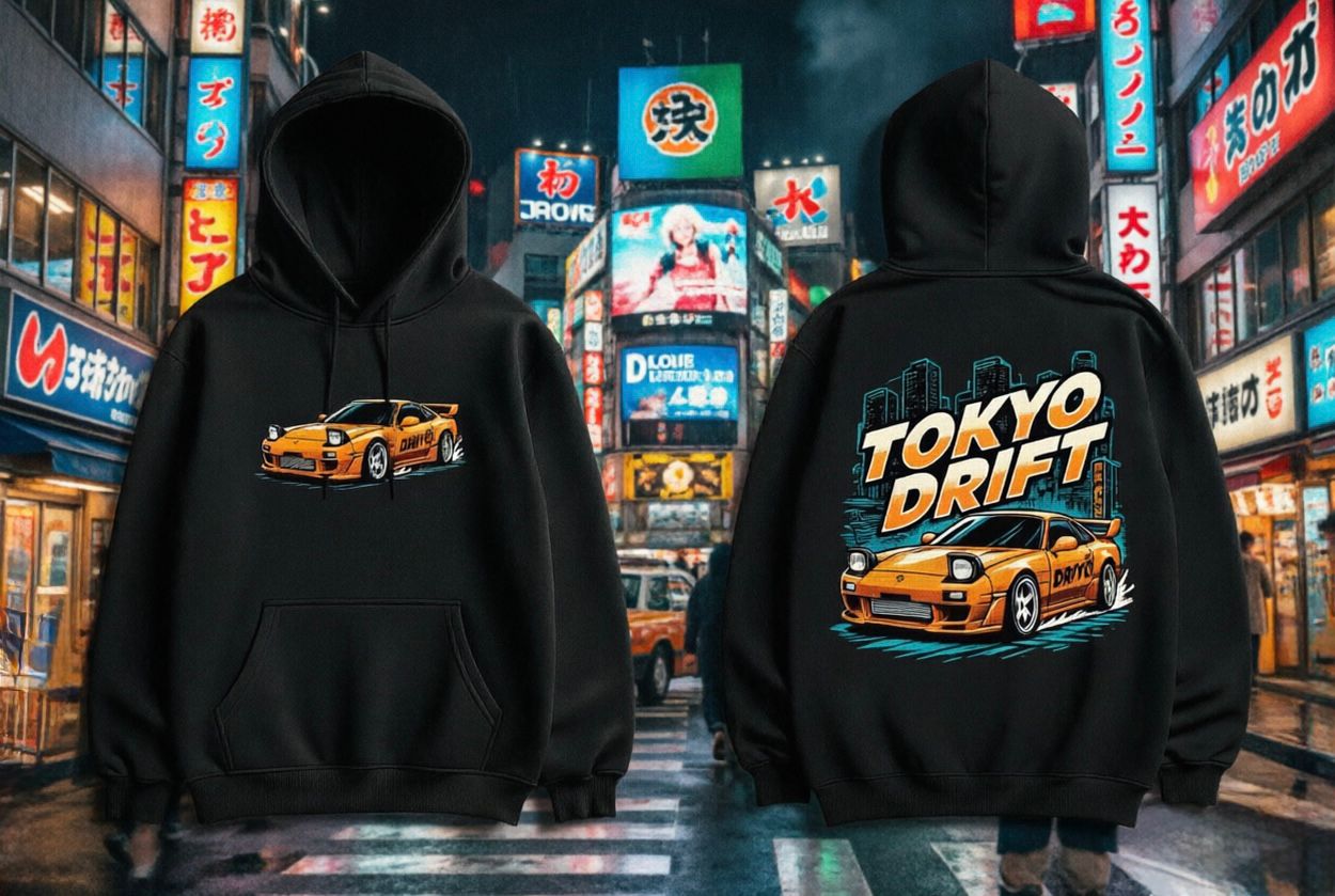 Tokyo Drift JDM Hoodie,RX7 Orange Drift Car Graphic Hooded Sweatshirt, Japanese Streetwear for Car Enthusiasts